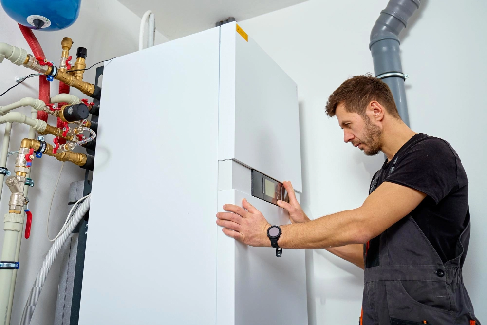 Technicien évole énergies réalisant l'entretien d'une chaudière
